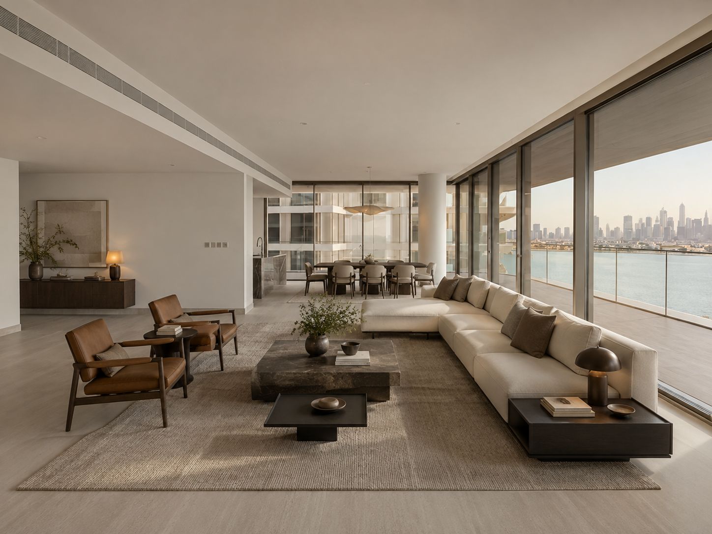 Open-plan living and dining room with a long cream sofa and a view over the water