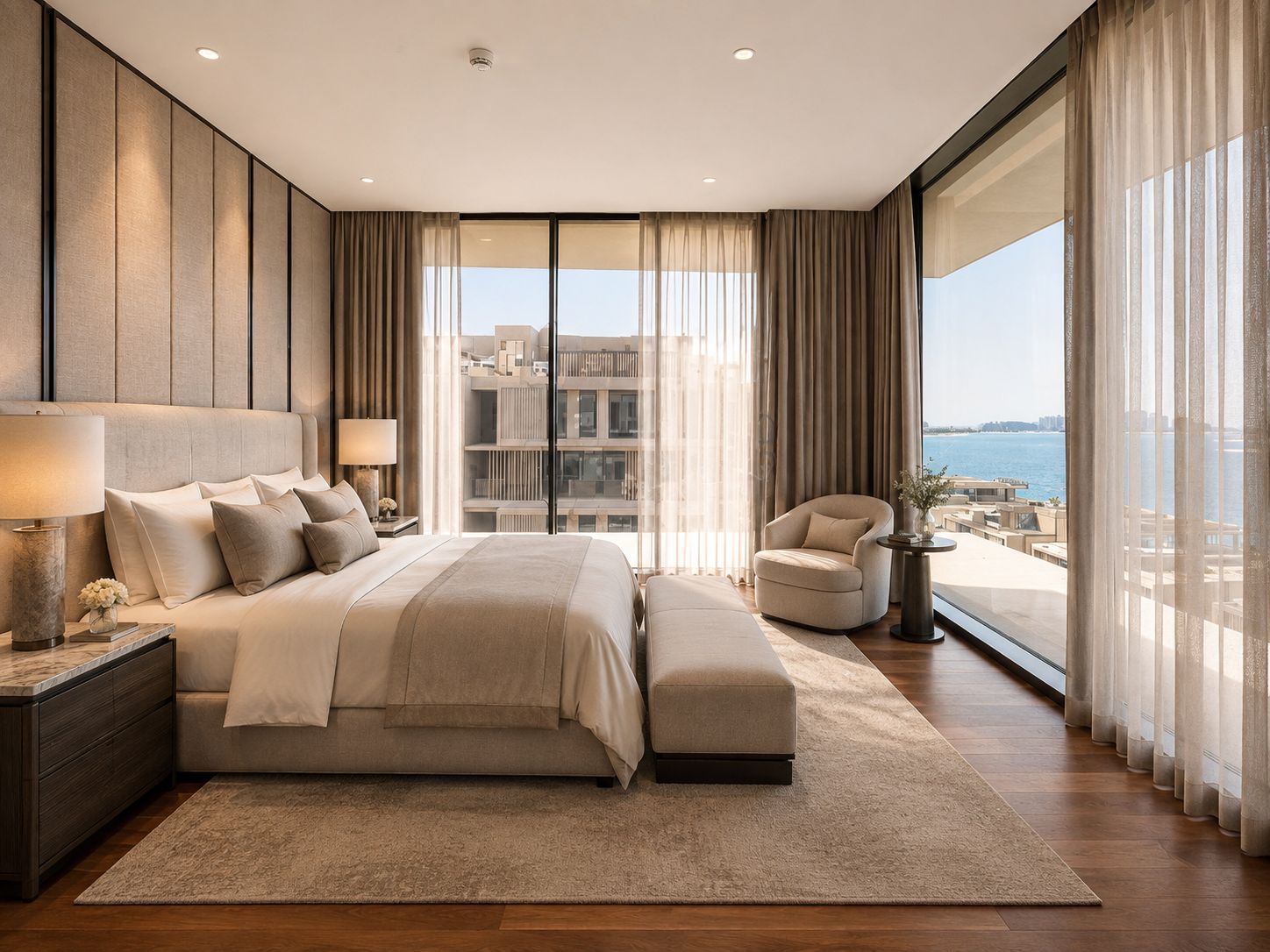 Bedroom with an upholstered headboard, linen panelling and a view over the sea