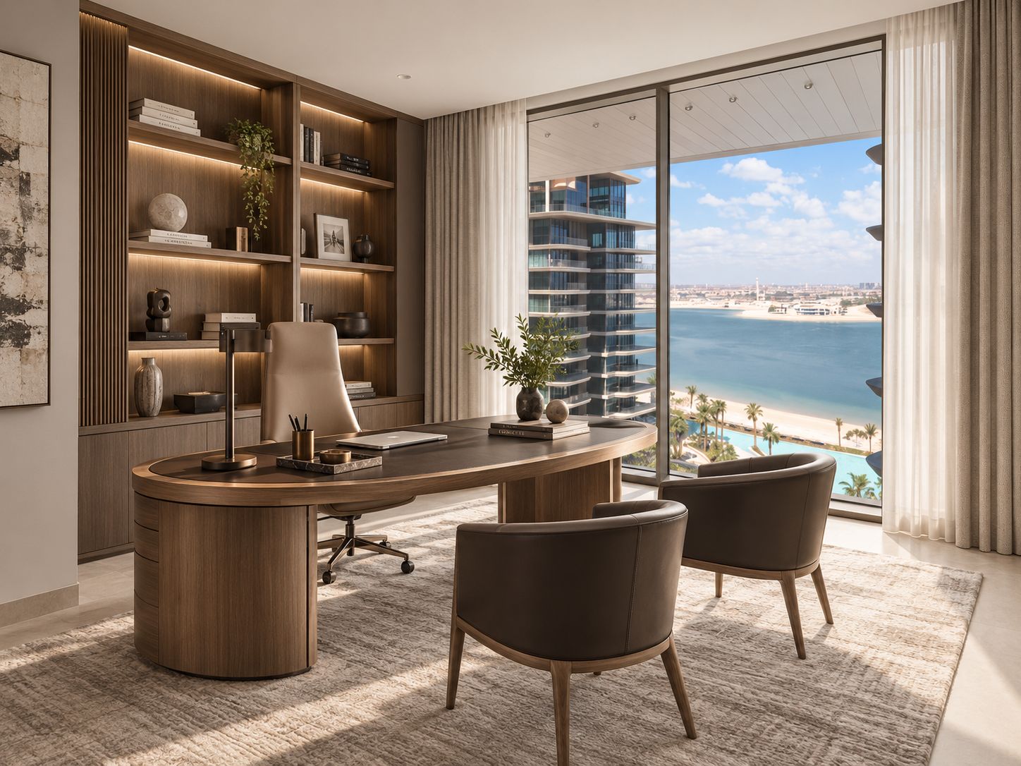 Study with an oval walnut desk, lit shelving and a view over the bay