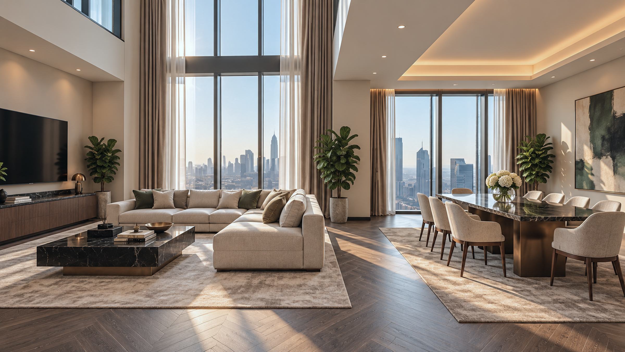 Double-height living room and dining area with a cream sectional sofa, black marble table and the city skyline beyond