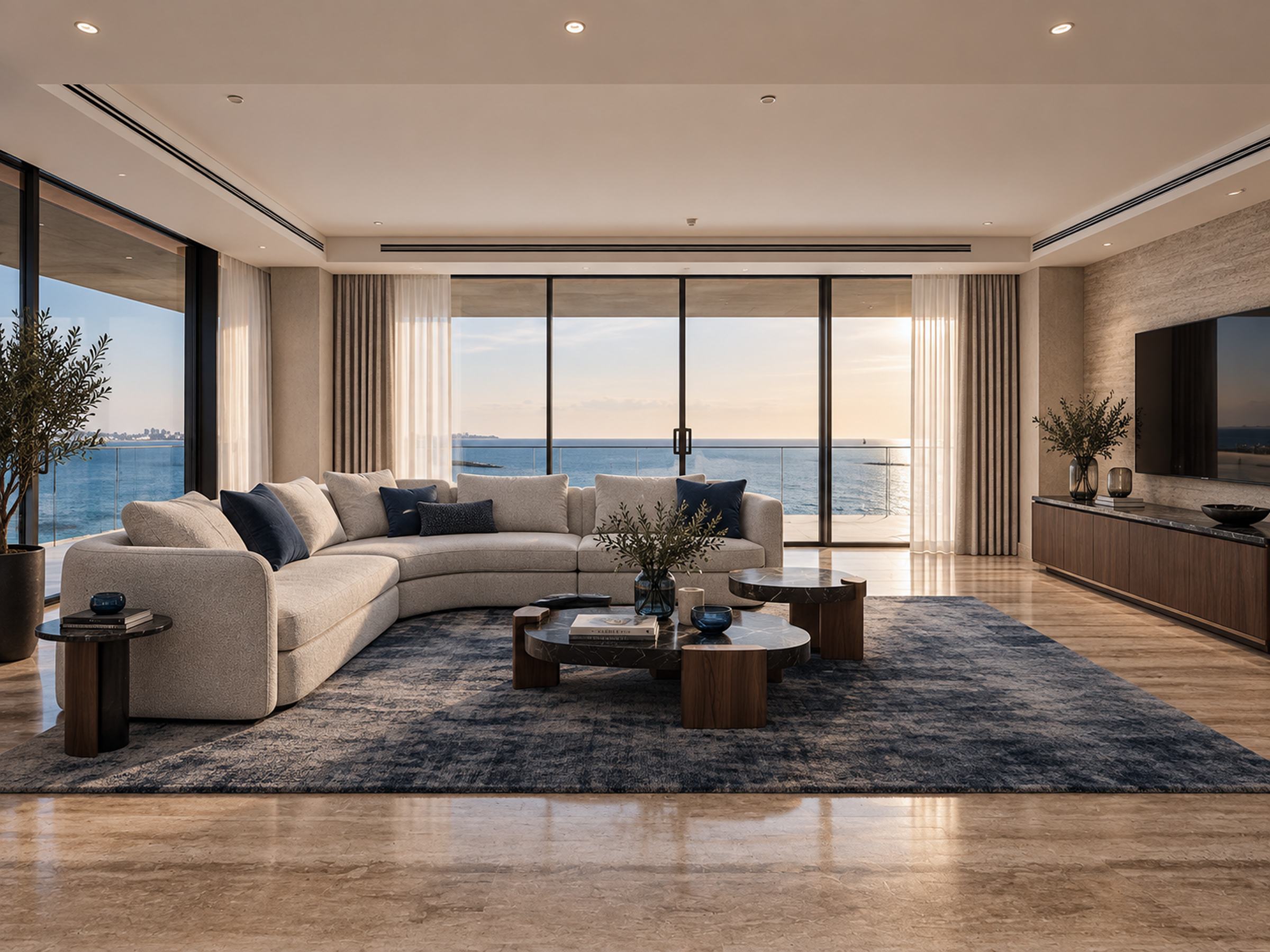 Living room at dusk with a curved sofa, dark stone tables and the sea beyond