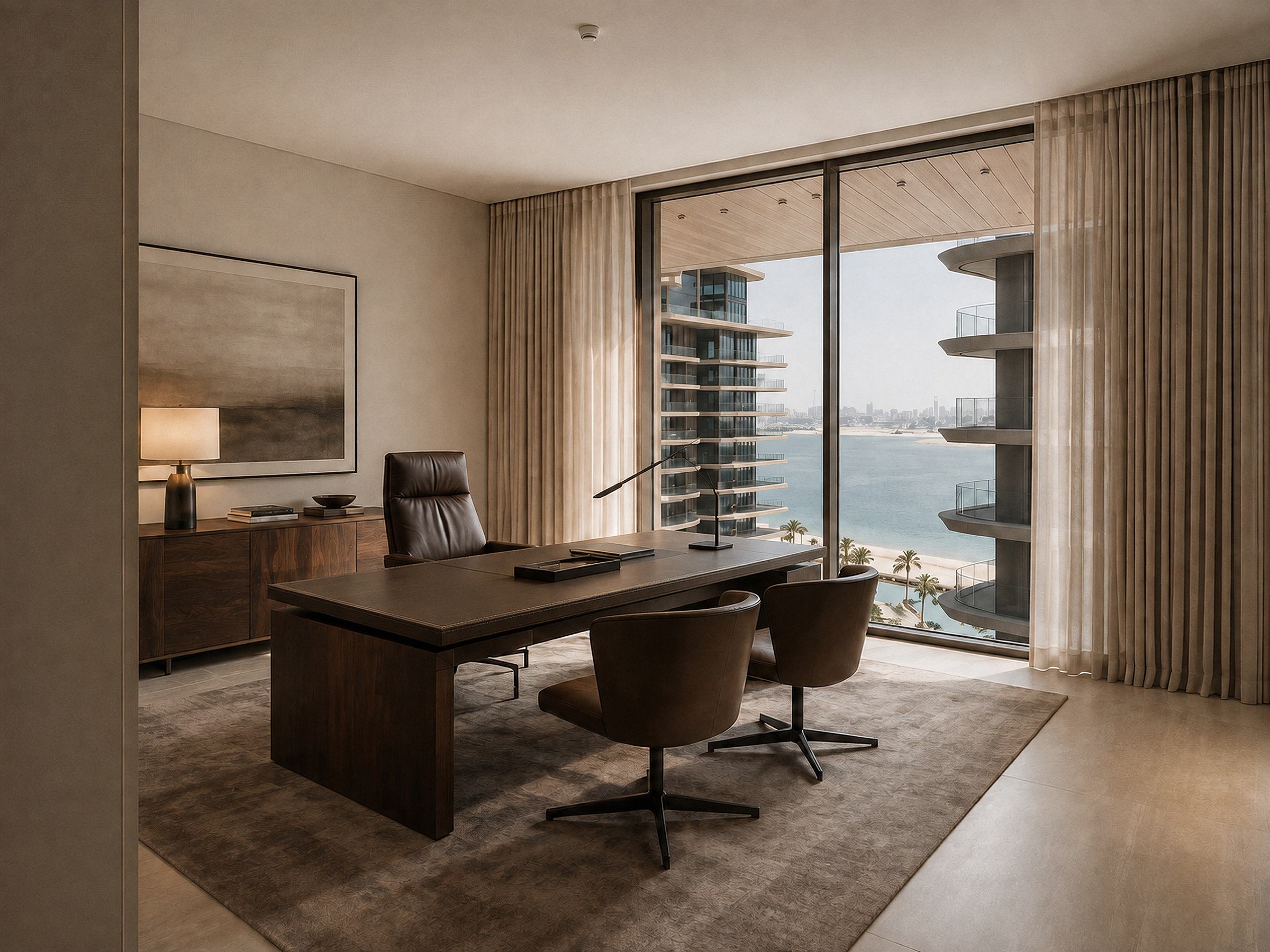 Home office with a dark walnut desk, leather chairs and a view of the sea and towers