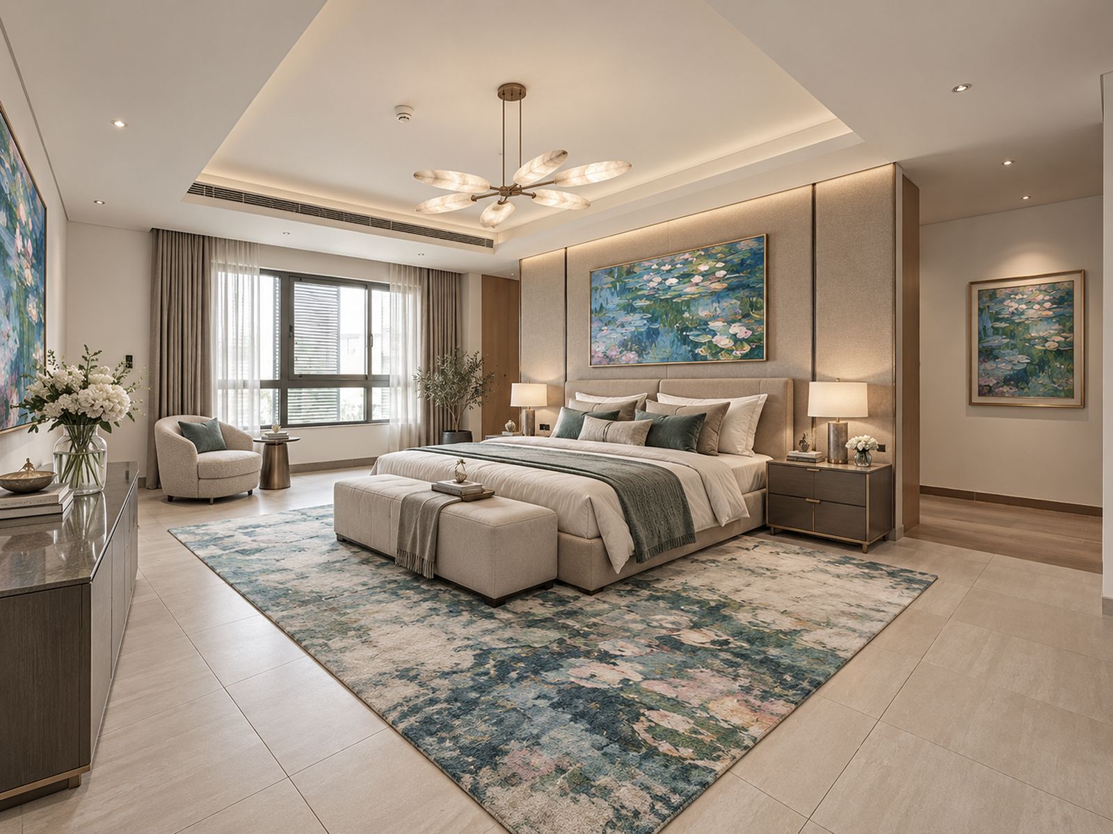 Furnished bedroom suite with artwork, a patterned rug and a seating corner