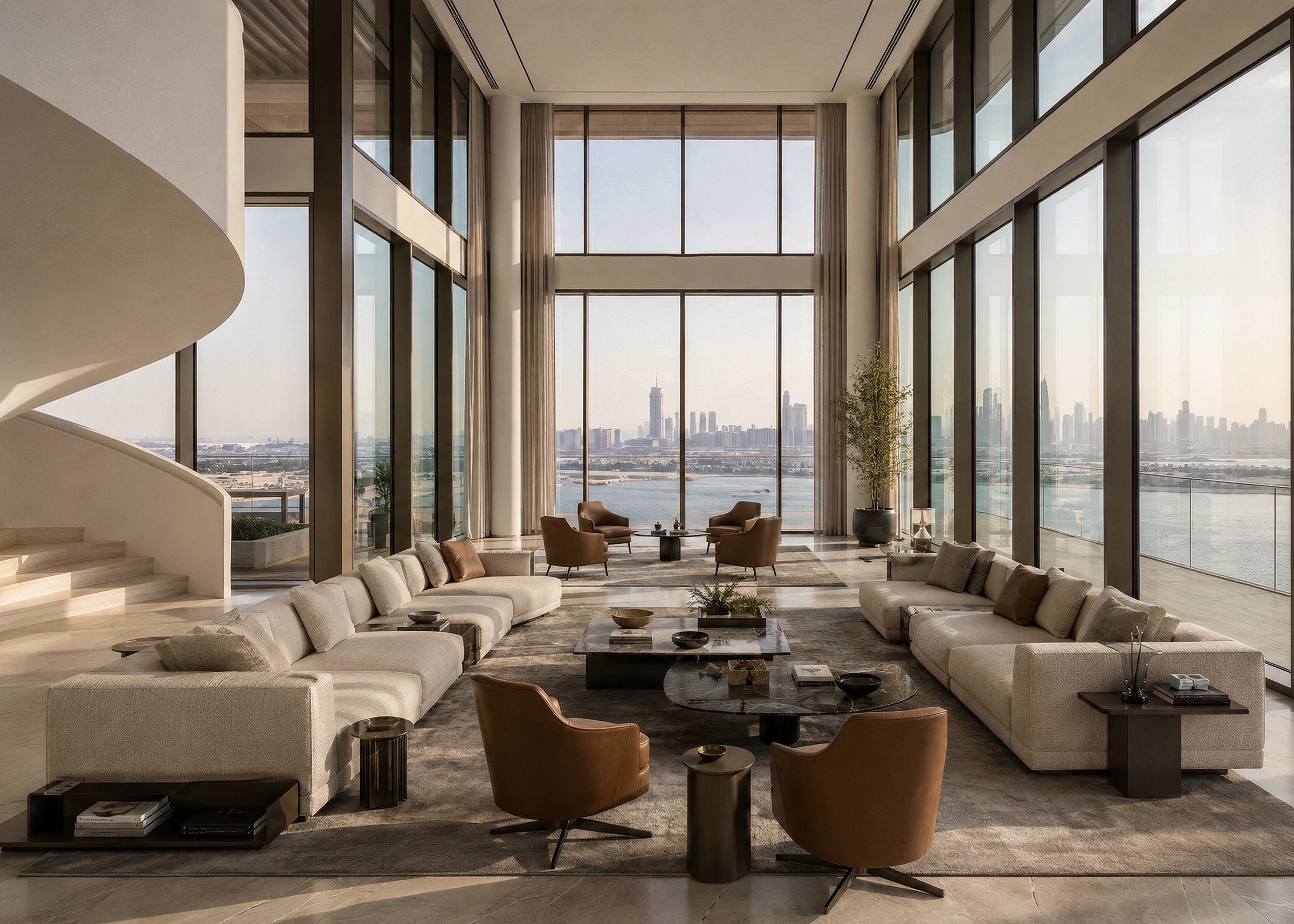 Double-height penthouse living room with a spiral stair and floor-to-ceiling windows over the Dubai skyline