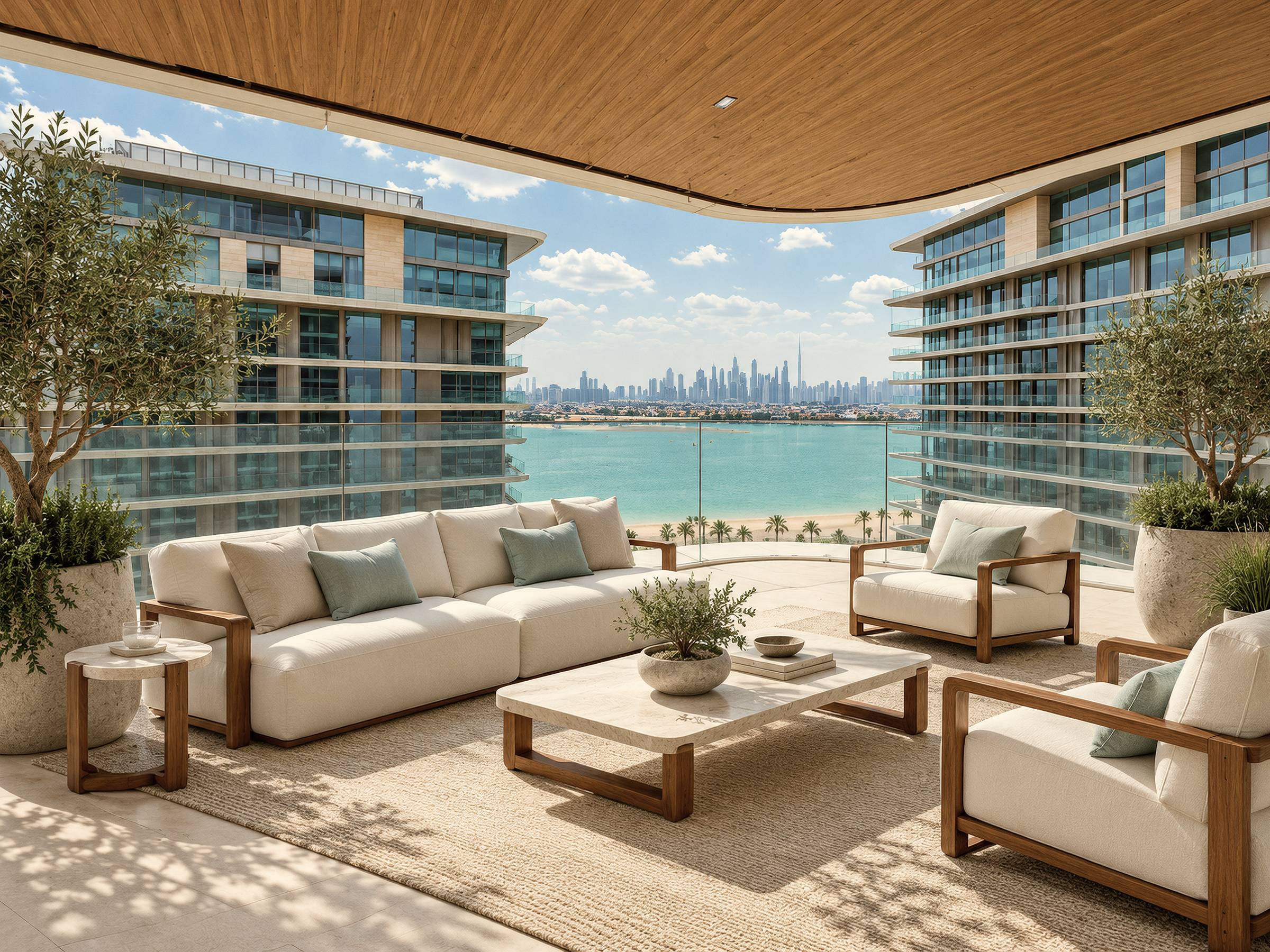 Terrace with outdoor sofas, olive trees and a view over the sea to the Dubai skyline