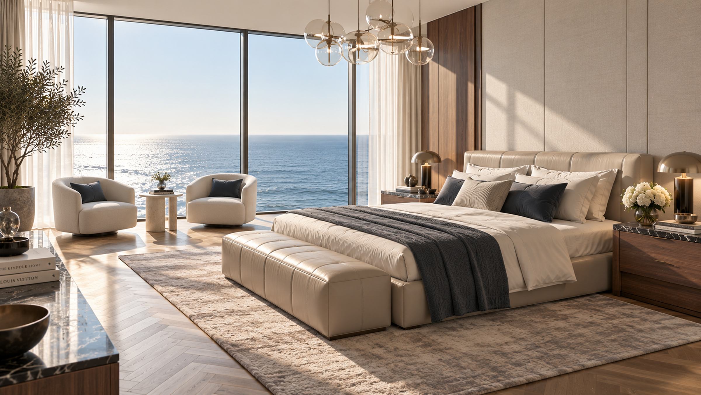 Bedroom with a wide upholstered bed, glass pendant lights and the open sea beyond