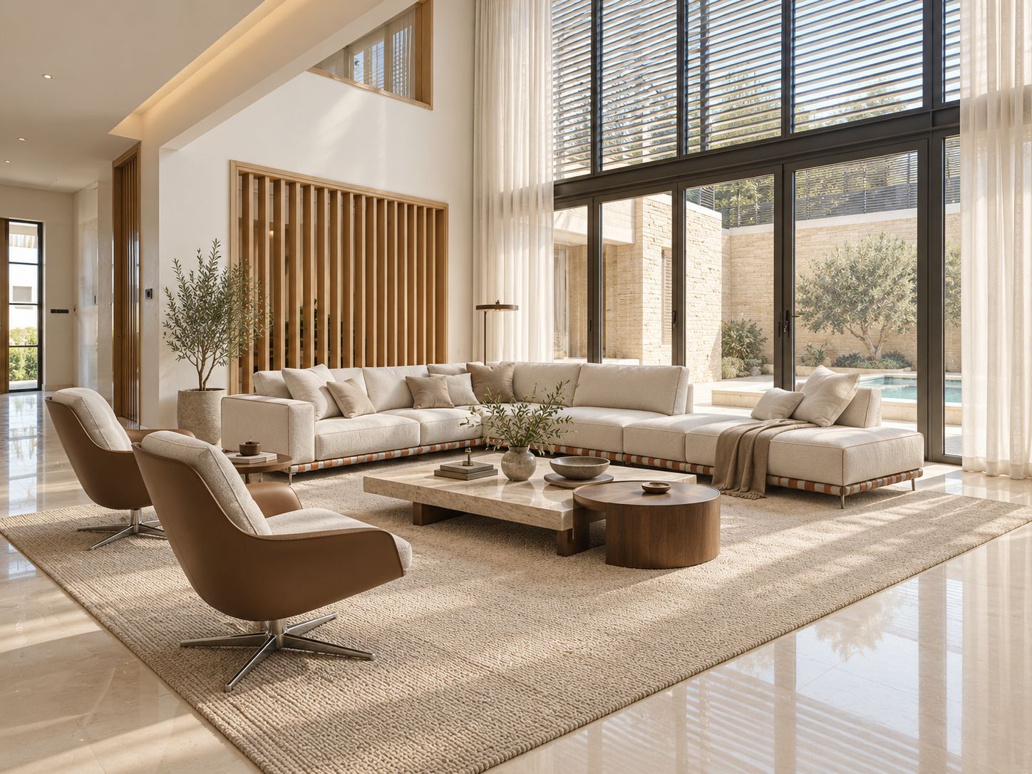 Living room opening onto a courtyard, with a long cream sofa and leather armchairs