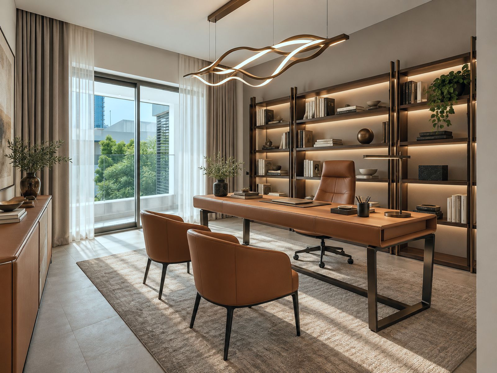 Home office with a tan leather desk, lit bookshelves and a sculptural pendant light