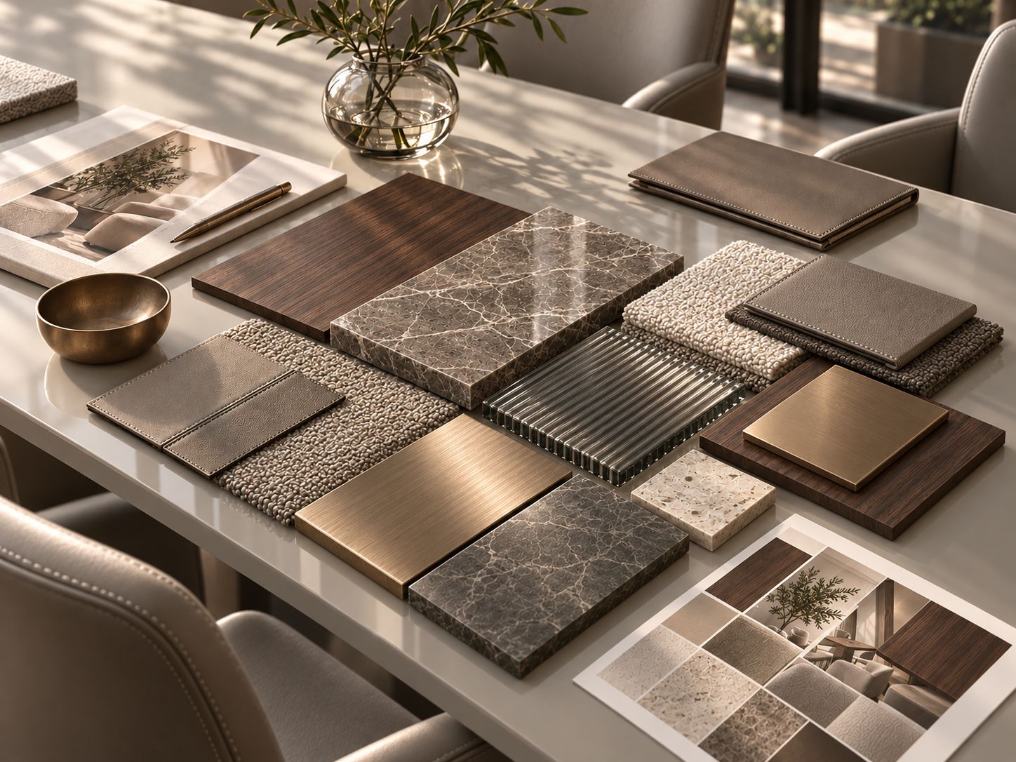 Materials board with marble, walnut, brass, leather and fabric samples on a table
