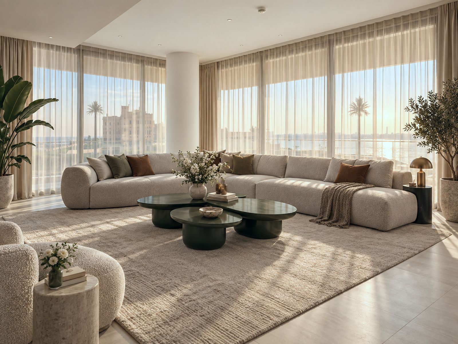 Sunlit living room with a curved cream sofa, green stone tables and sheer curtains