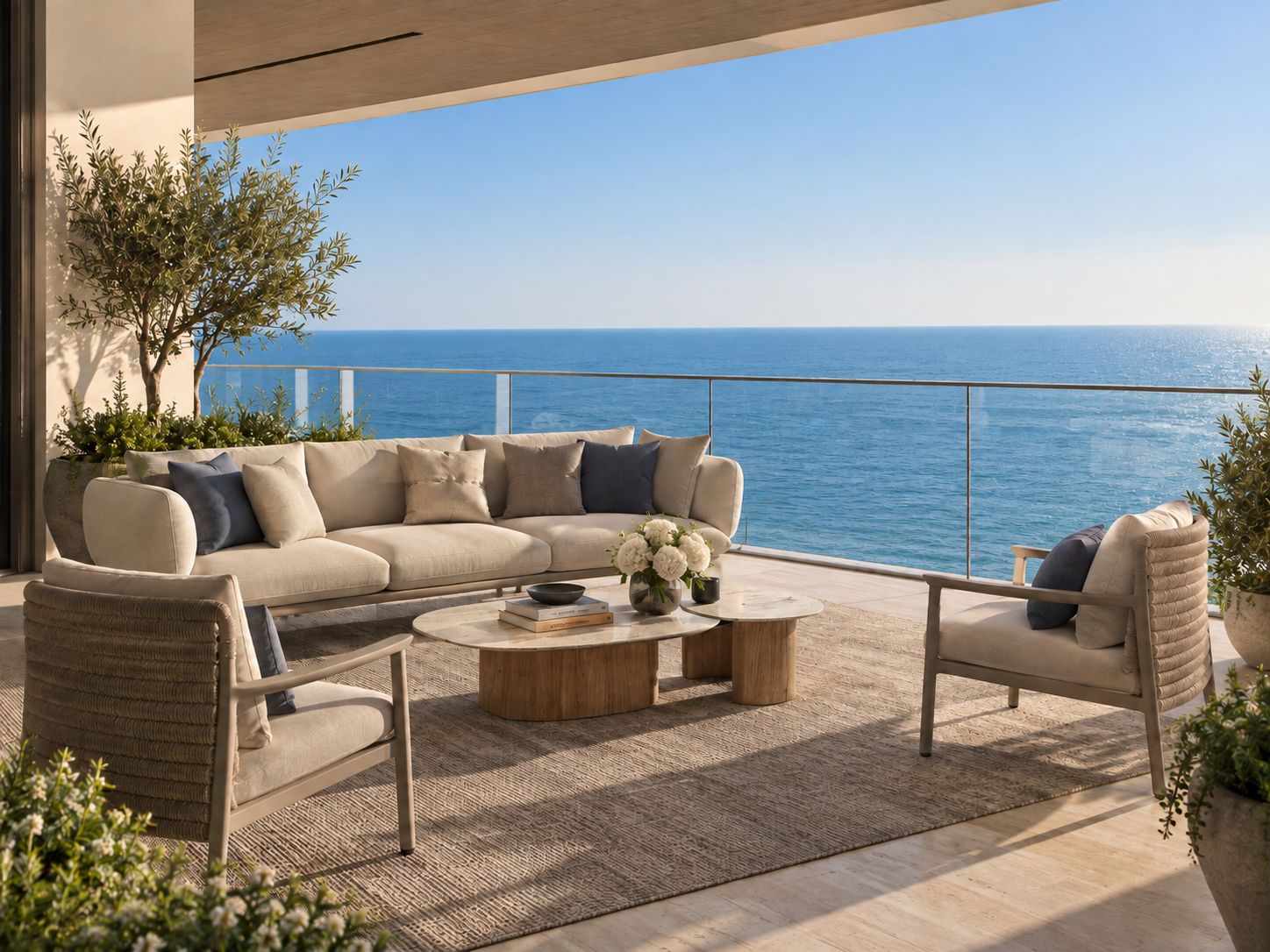 Terrace with outdoor sofas, olive trees and the open sea beyond