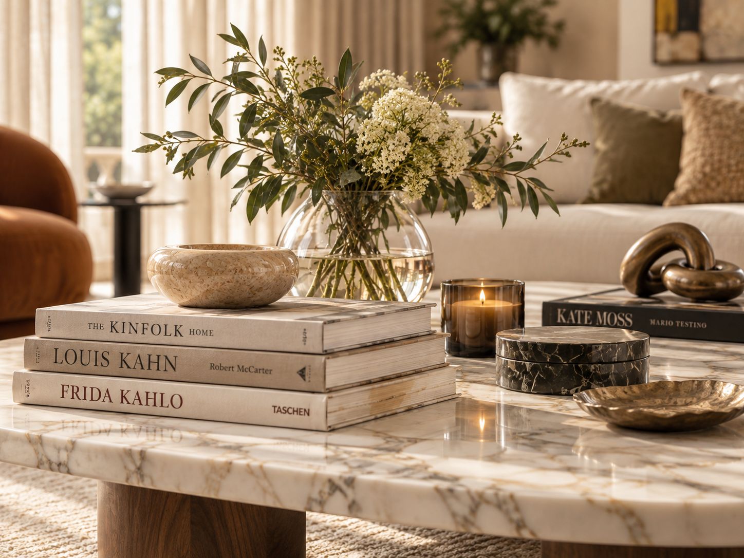 Marble coffee table styled with books, a candle, a bowl and a vase of flowers