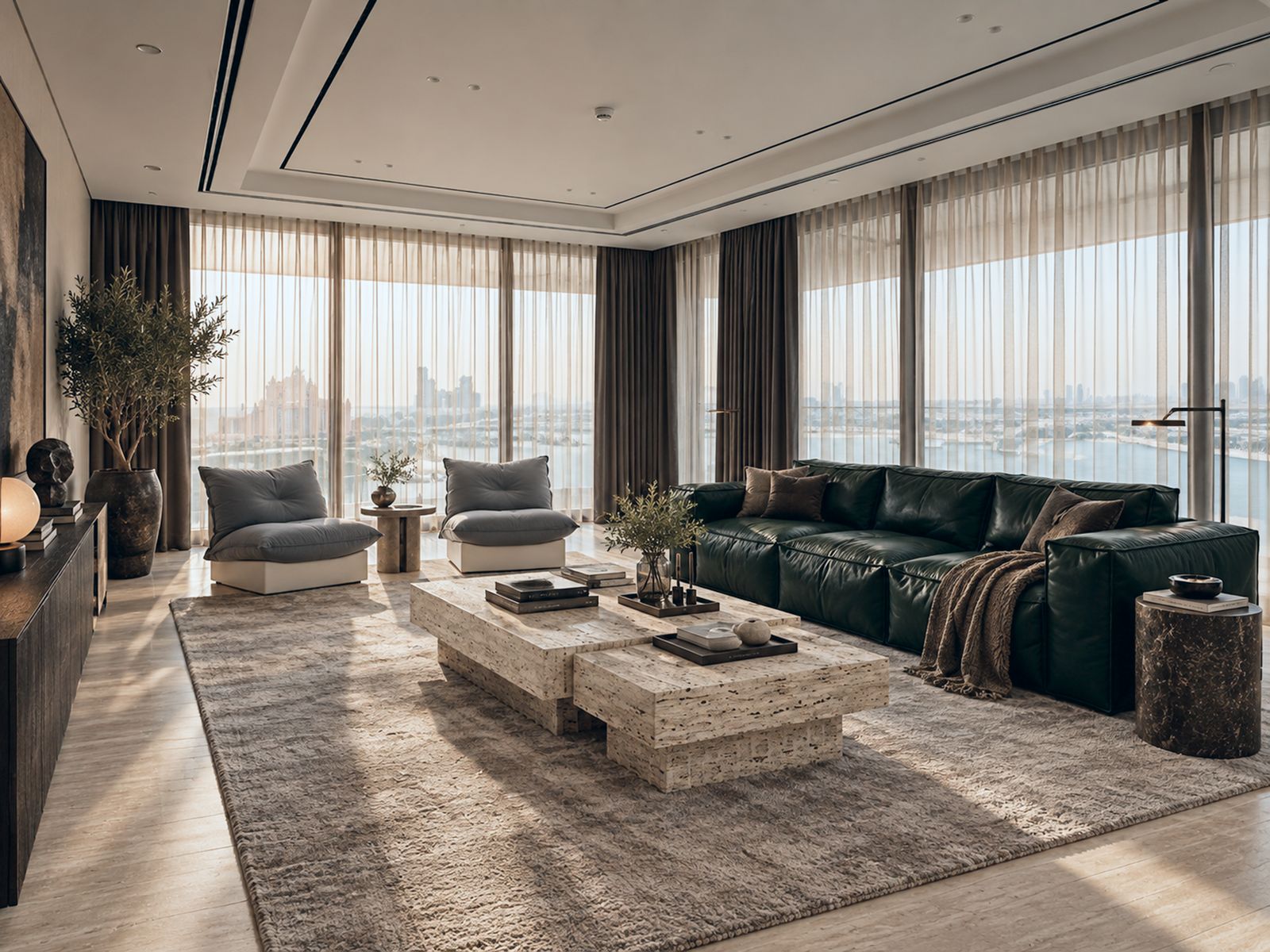 Living room with a deep green leather sofa, travertine tables and a view over the water
