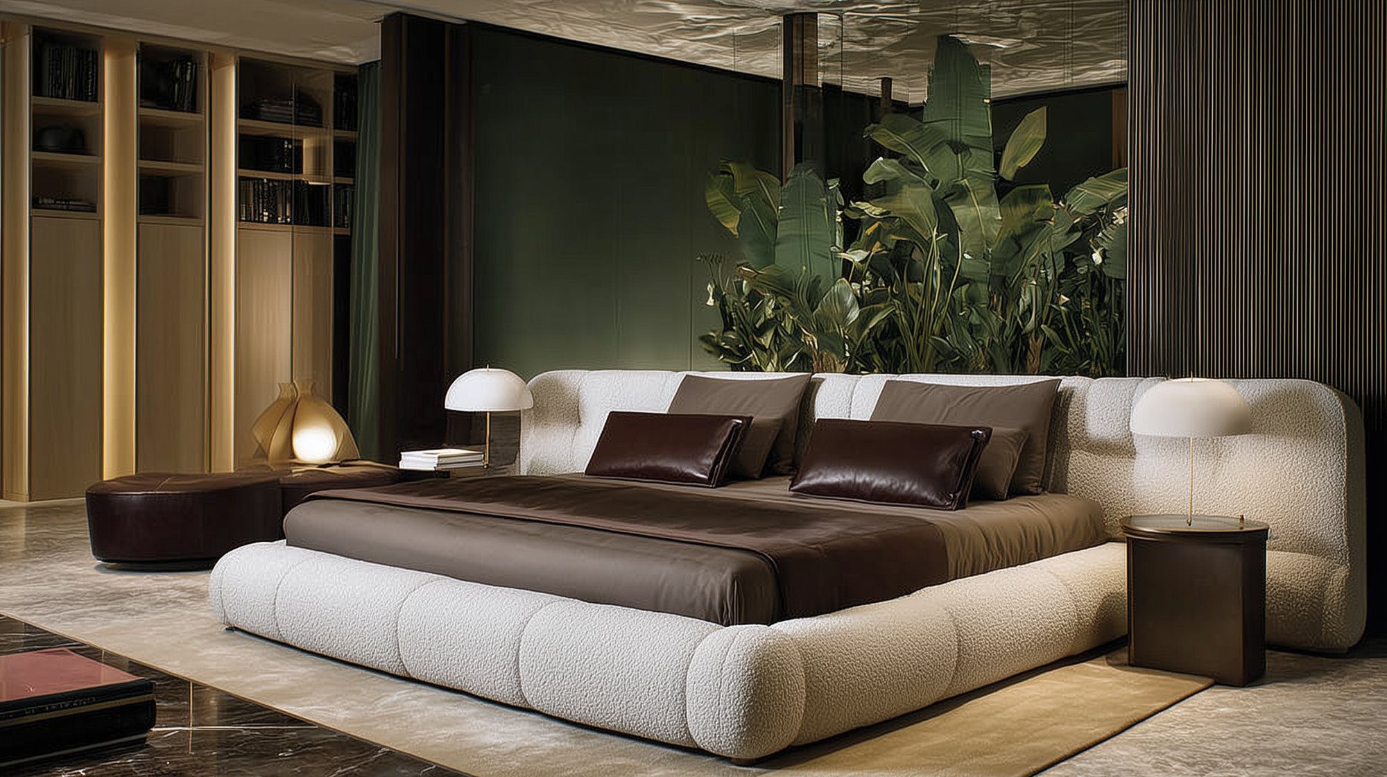 Bedroom with bouclé upholstery