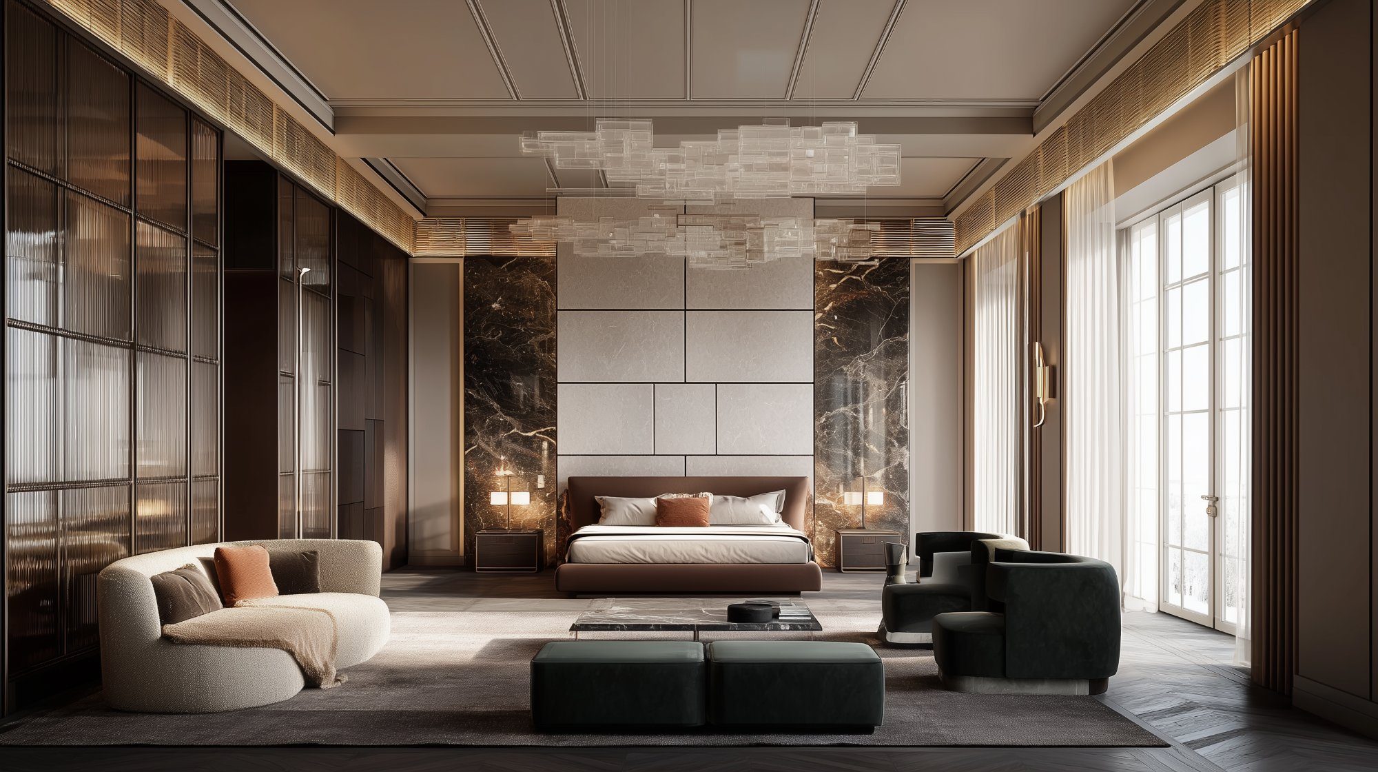 Master bedroom with crystal chandelier