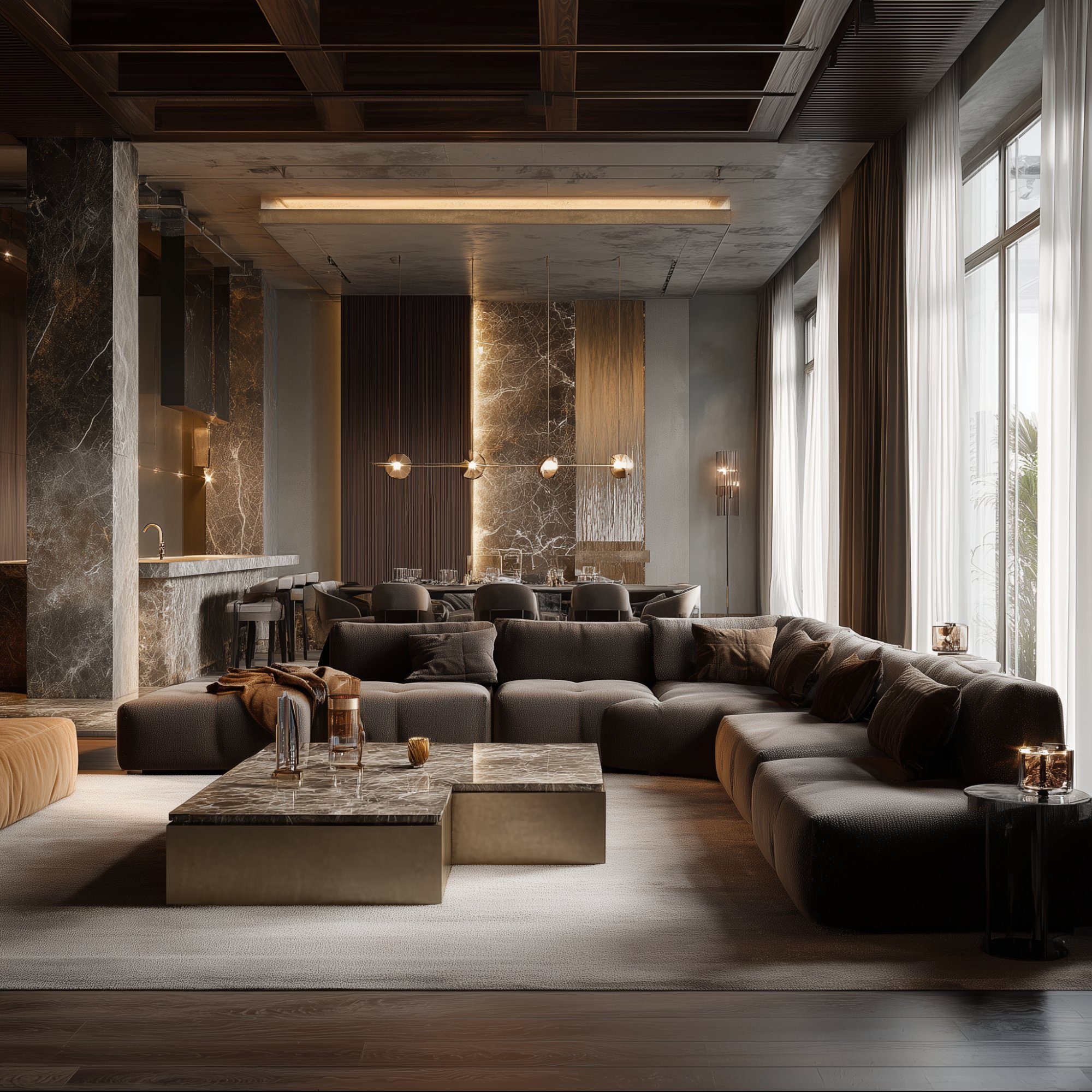 Luxury living room with marble and gold accents